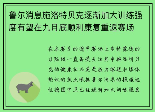 鲁尔消息施洛特贝克逐渐加大训练强度有望在九月底顺利康复重返赛场